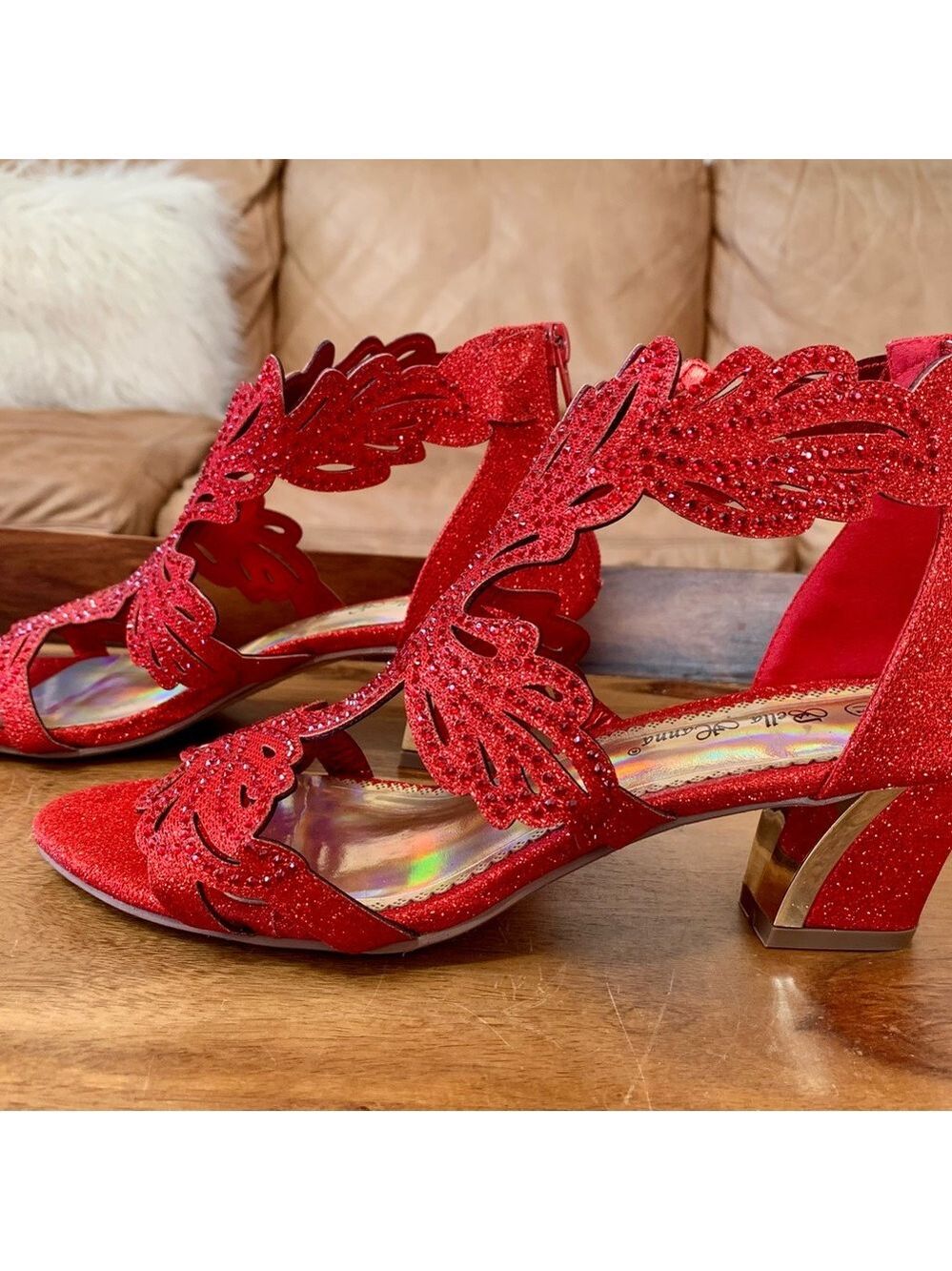 Red Rhinestone Open Toe Heels - Picture 3 of 6